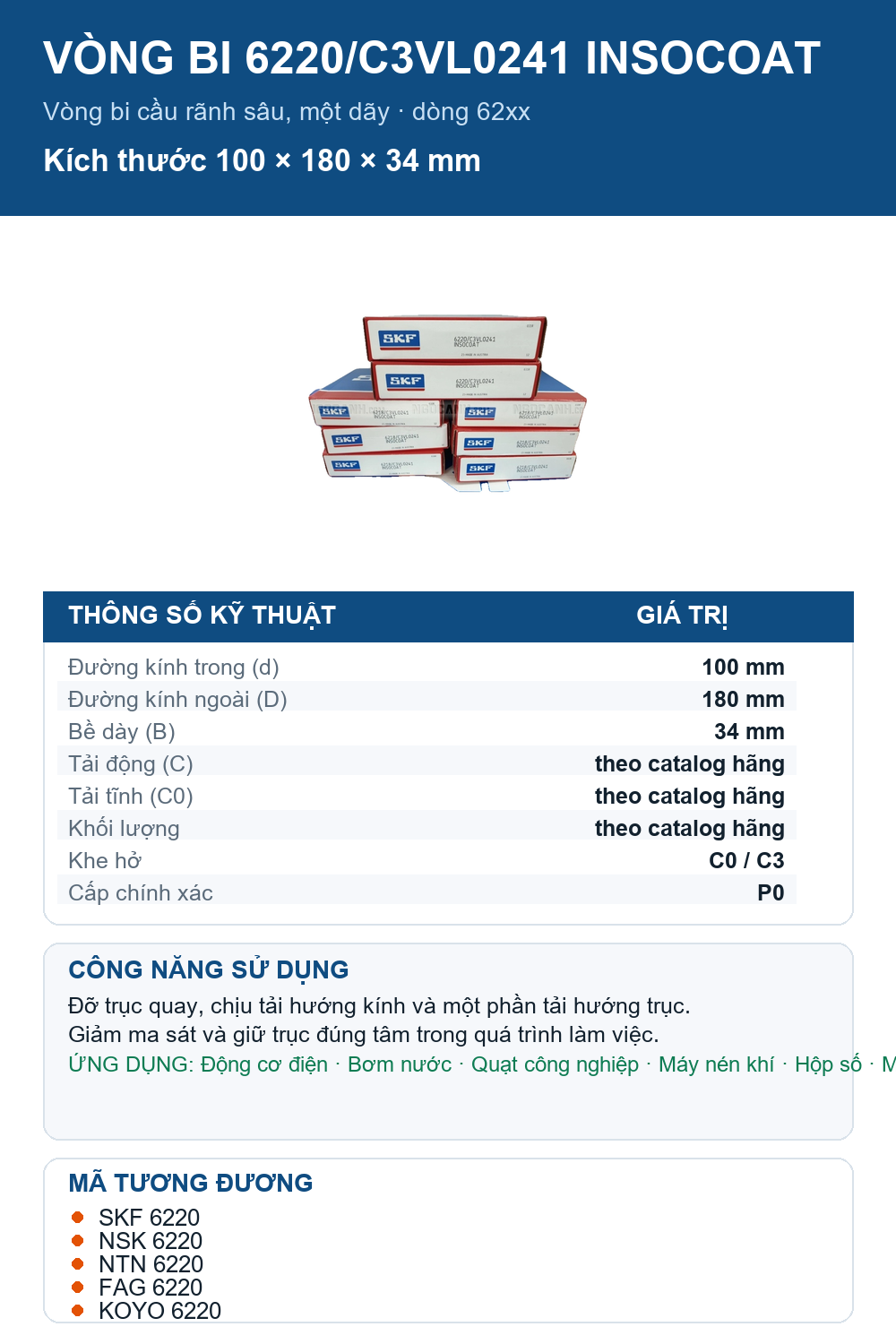 Vòng bi SKF 6220/C3VL0241 INSOCOAT 100x180x34mm — Ảnh thông số (Pinterest)
