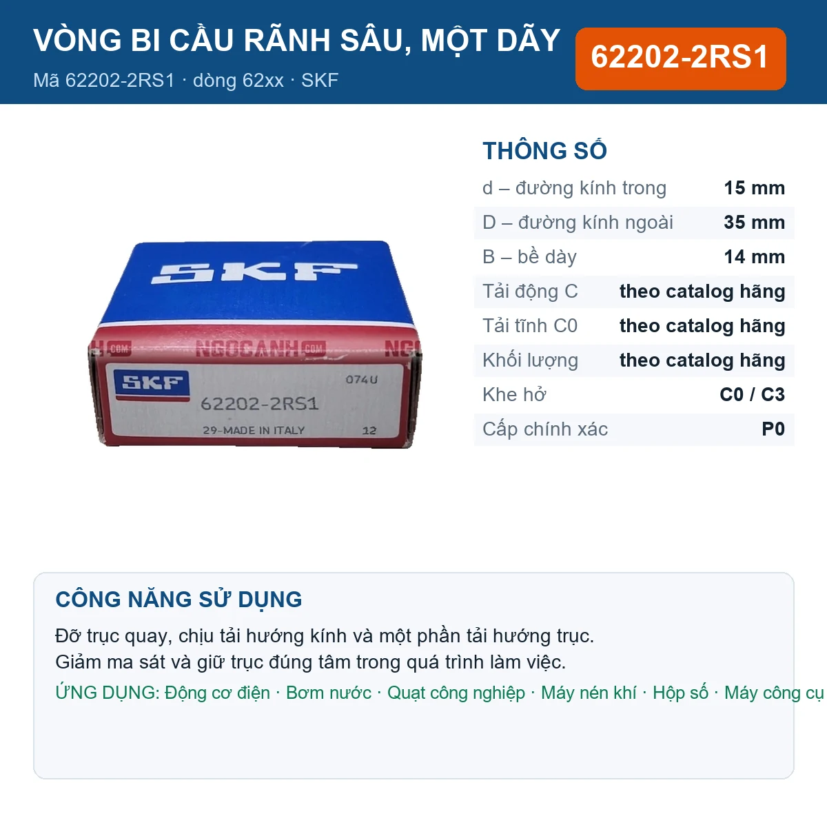 Vòng bi SKF 62202-2RS1 — kích thước 15x35x14mm