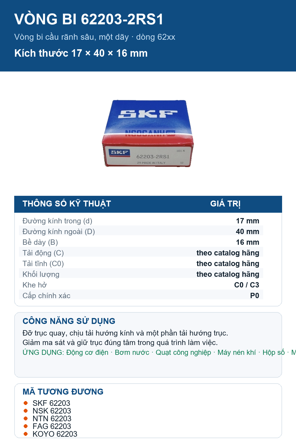 Vòng bi SKF 62203-2RS1 17x40x16mm — Ảnh thông số (Pinterest)