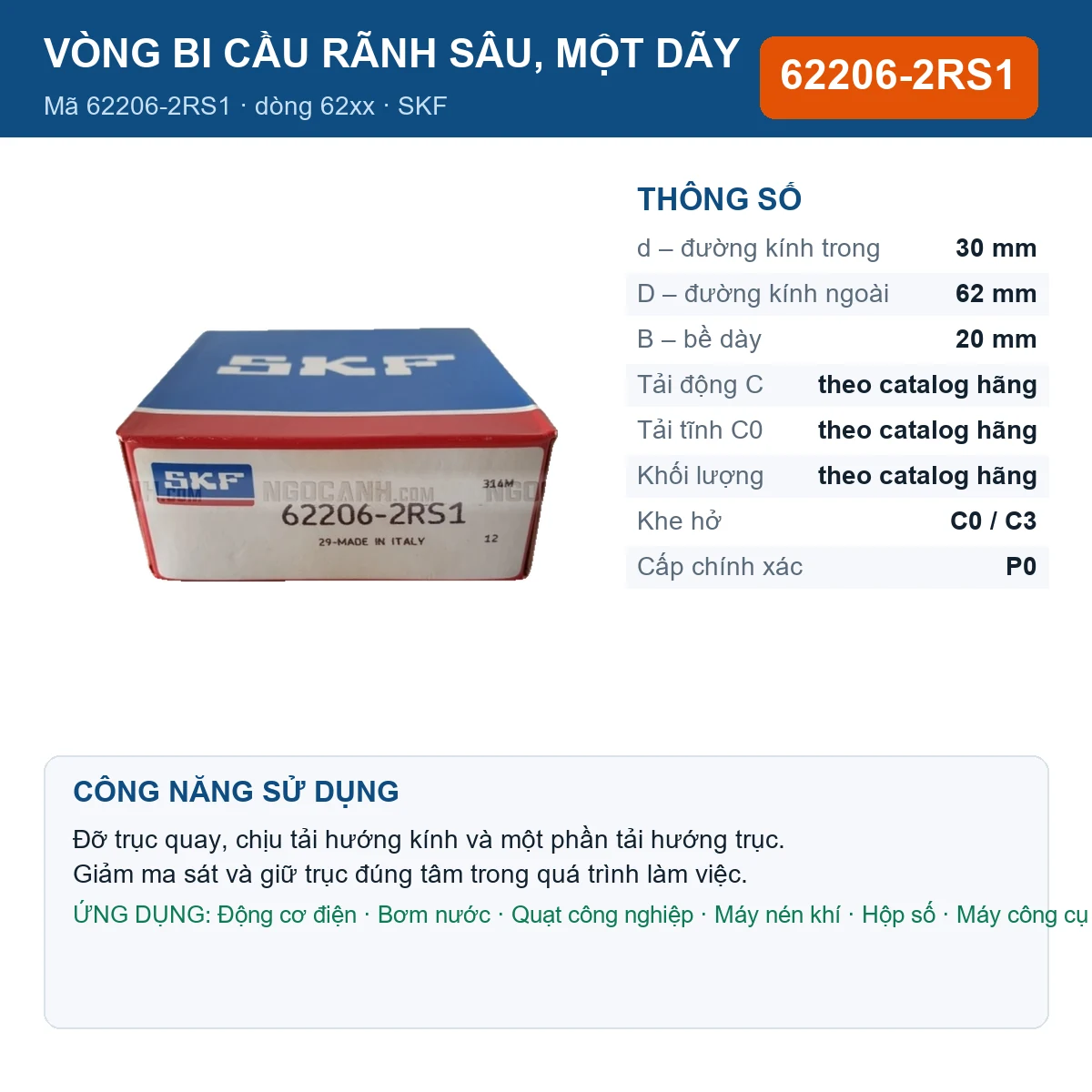 Vòng bi SKF 62206-2RS1 — kích thước 30x62x20mm