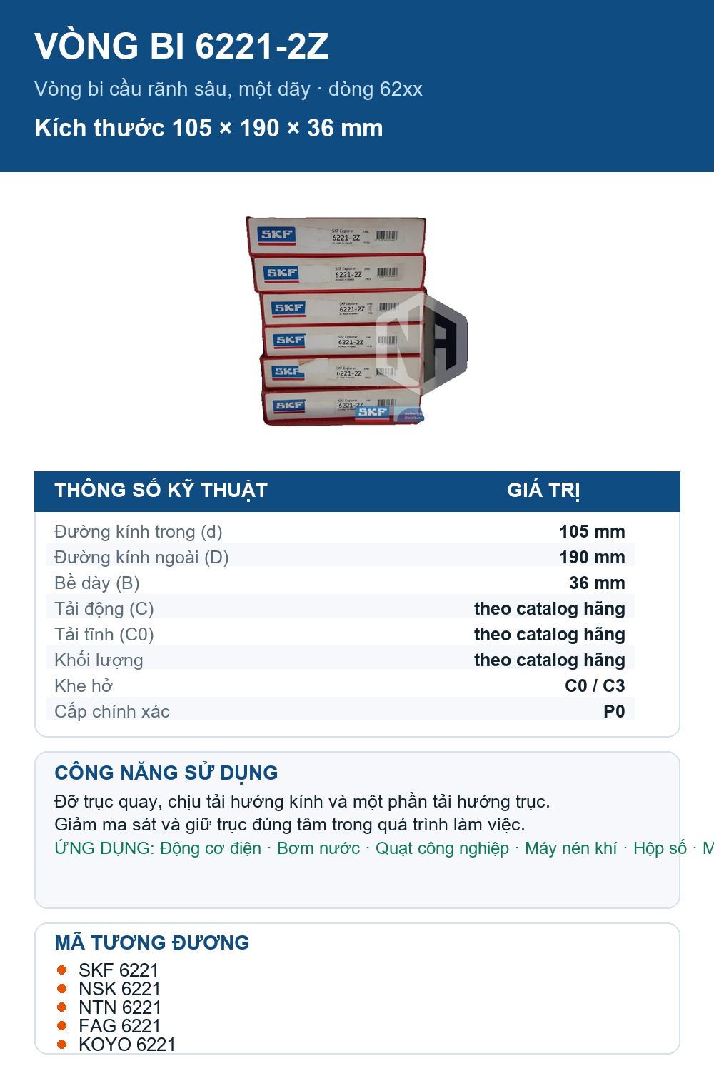 Vòng bi SKF 6221-2Z 105x190x36mm — Ảnh thông số (Pinterest)