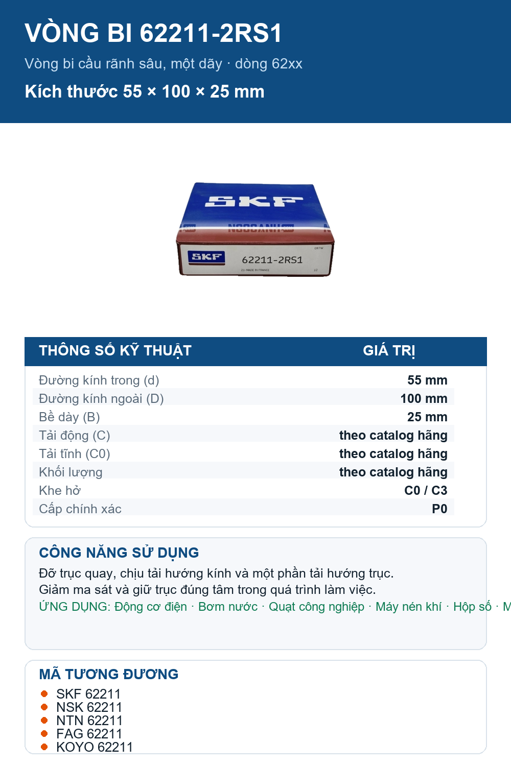 Vòng bi SKF 62211-2RS1 55x100x25mm — Ảnh thông số (Pinterest)