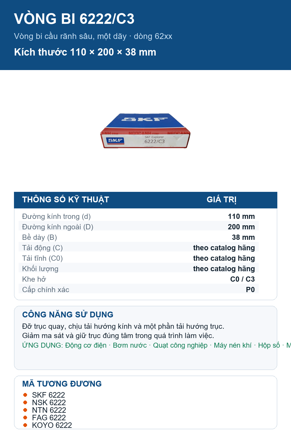 Vòng bi SKF 6222/C3 110x200x38mm — Ảnh thông số (Pinterest)