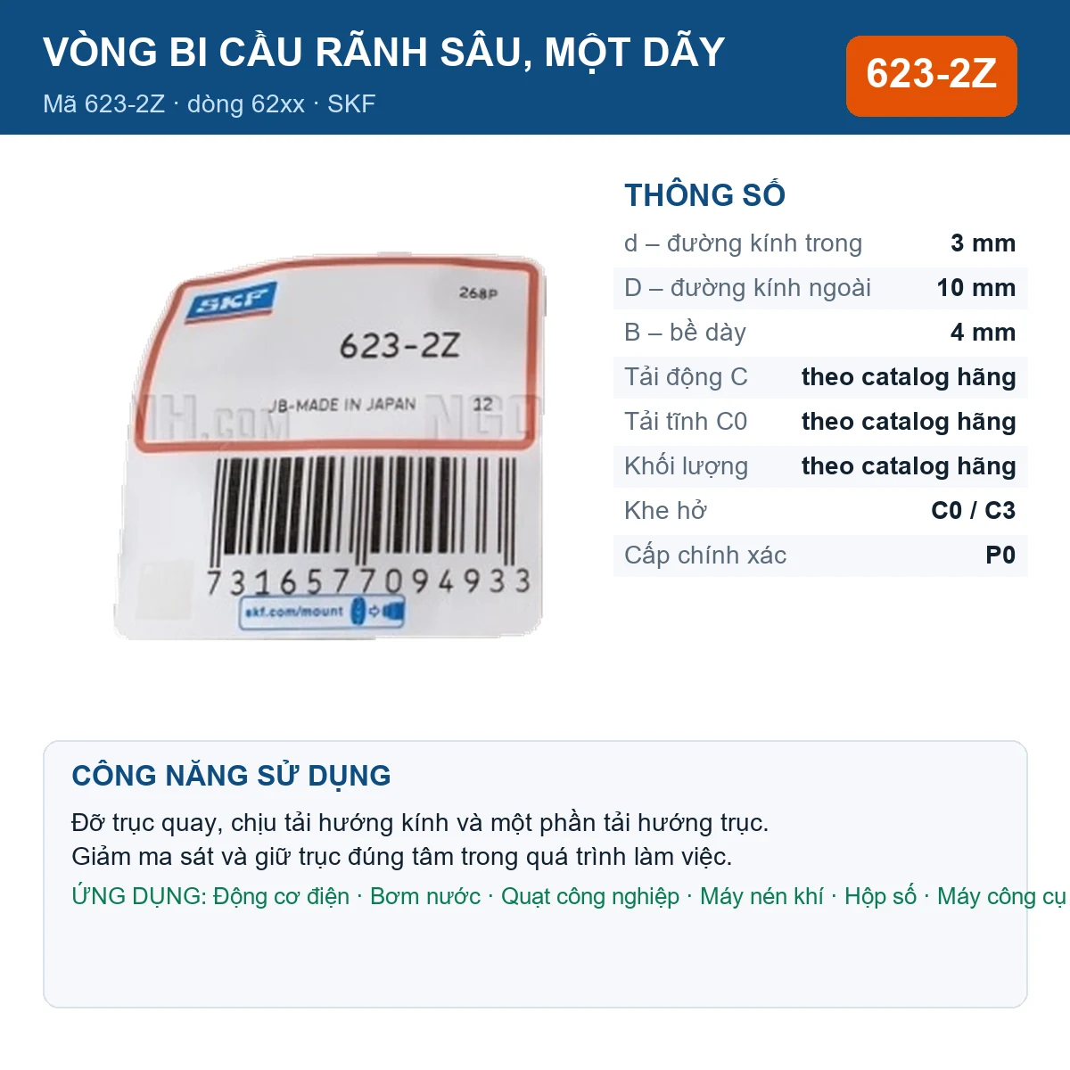 Vòng bi SKF 623-2Z — kích thước 3x10x4mm