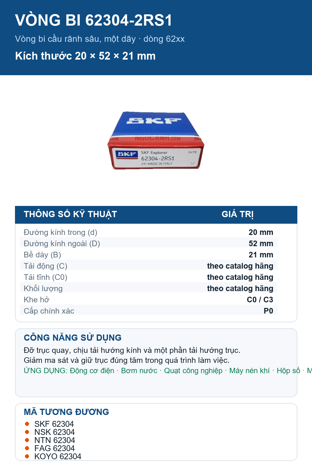 Vòng bi SKF 62304-2RS1 20x52x21mm — Ảnh thông số (Pinterest)