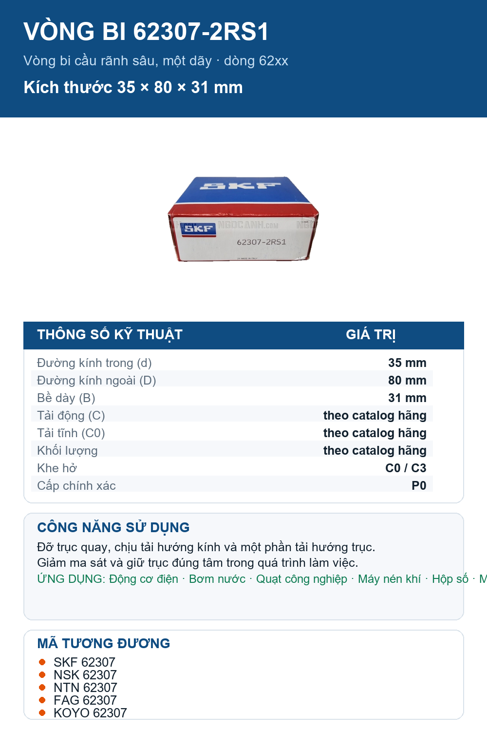 Vòng bi SKF 62307-2RS1 35x80x31mm — Ảnh thông số (Pinterest)