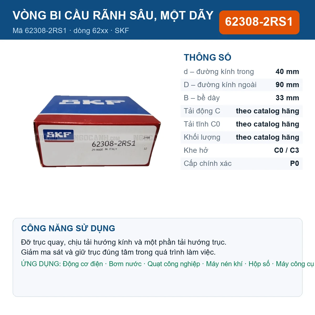 Vòng bi SKF 62308-2RS1 — kích thước 40x90x33mm