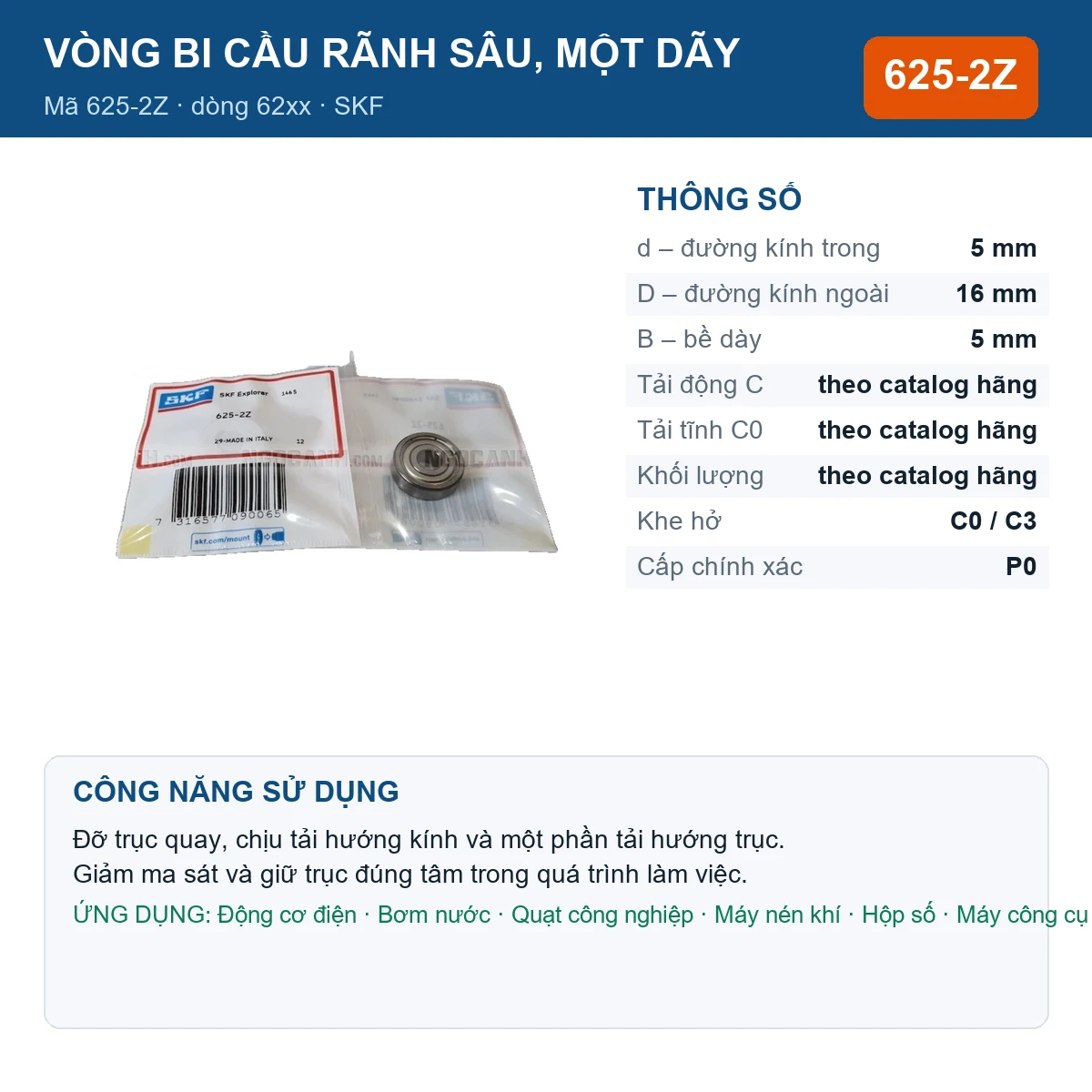 Vòng bi SKF 625-2Z — kích thước 5x16x5mm