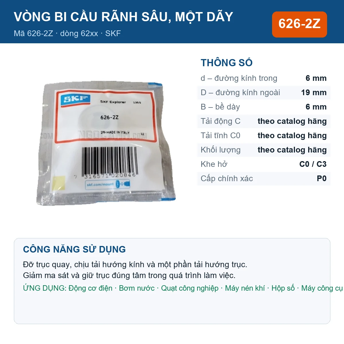 Vòng bi SKF 626-2Z — kích thước 6x19x6mm