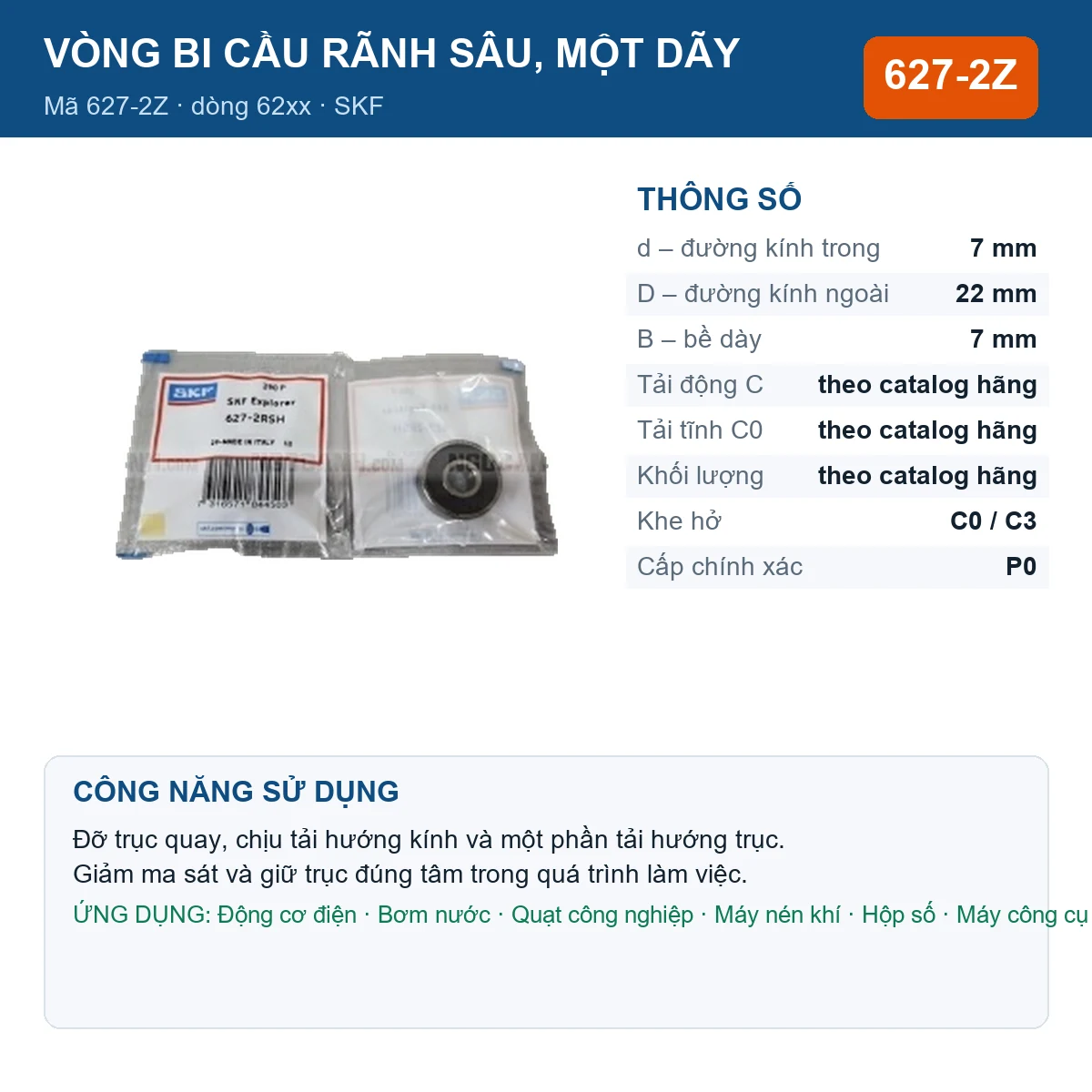 Vòng bi SKF 627-2Z — kích thước 7x22x7mm