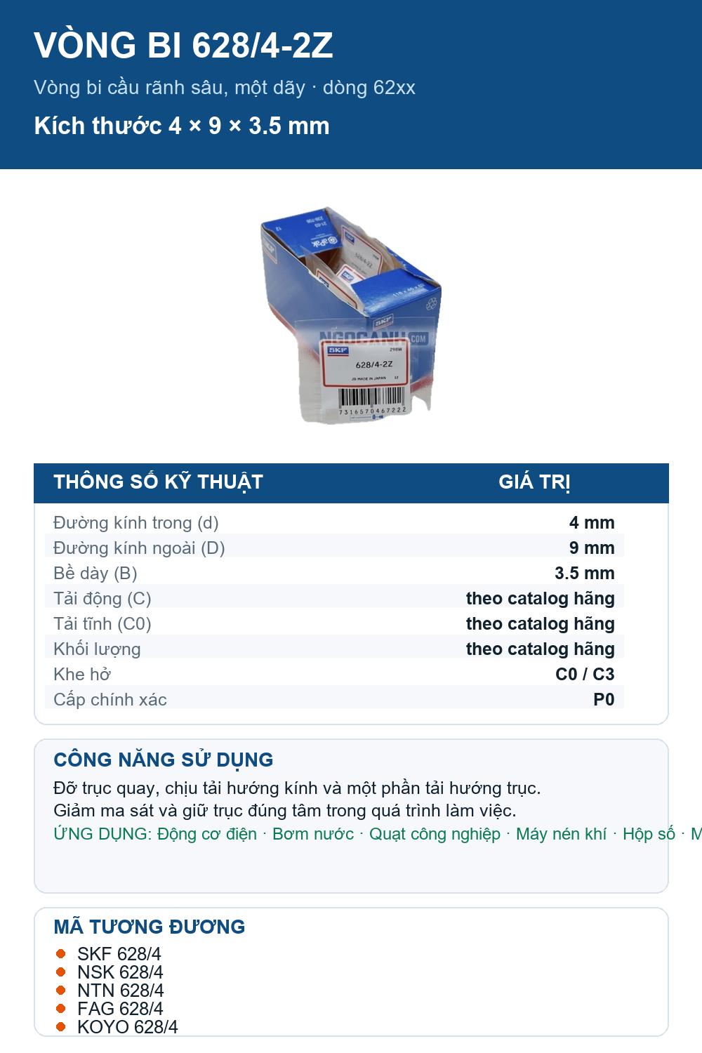 Vòng bi SKF 628/4-2Z 4x9x3.5mm — Ảnh thông số (Pinterest)