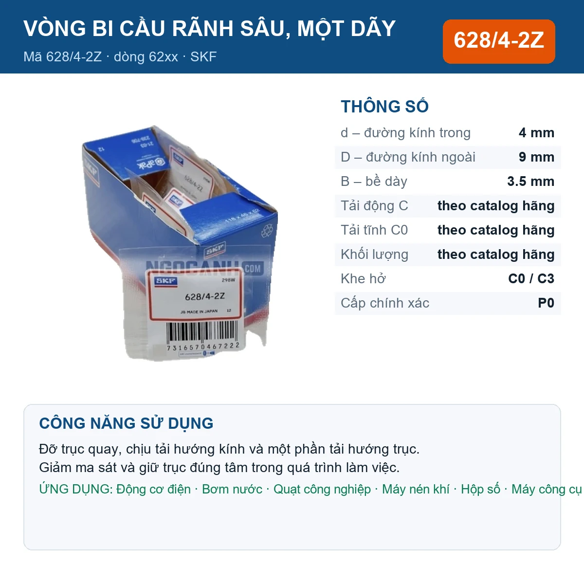 Vòng bi SKF 628/4-2Z — kích thước 4x9x3.5mm