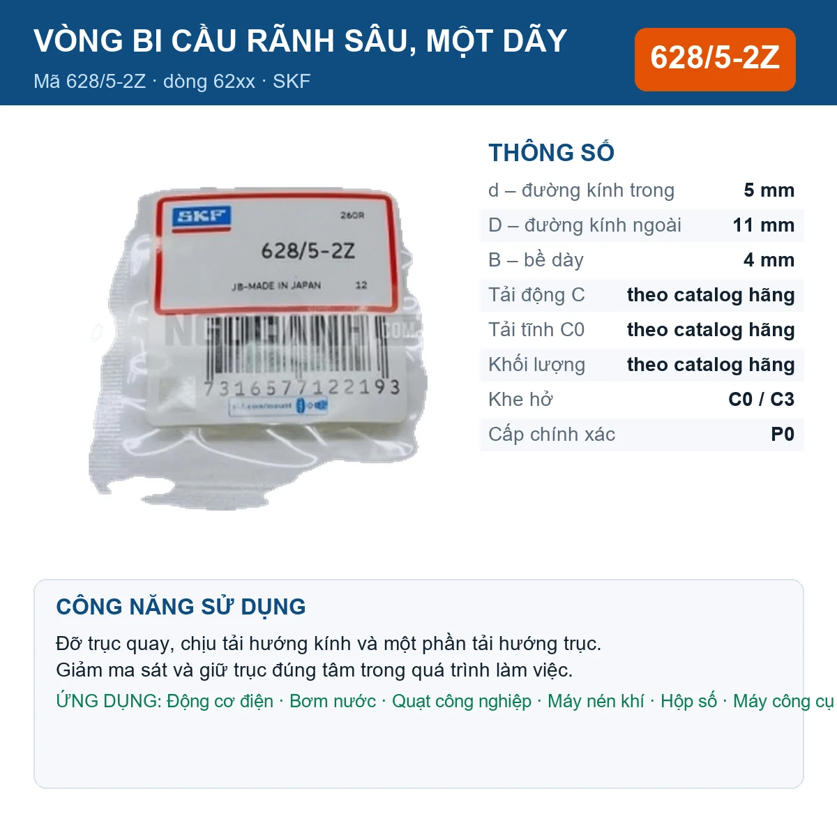 Vòng bi SKF 628/5-2Z — kích thước 5x11x4mm