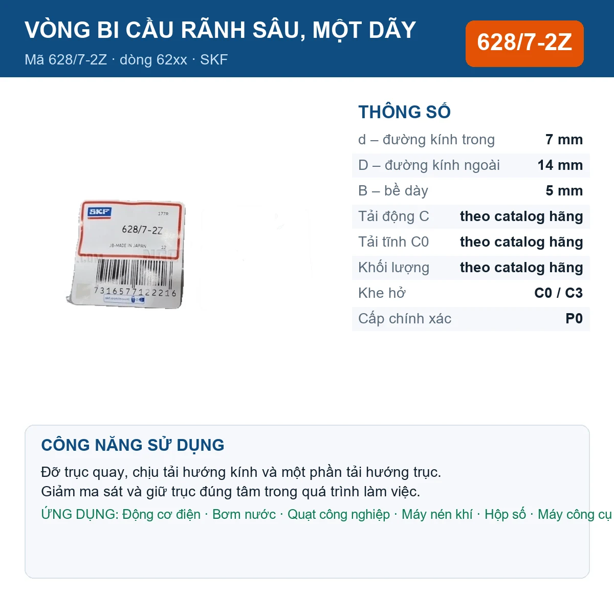 Vòng bi SKF 628/7-2Z — kích thước 7x14x5mm