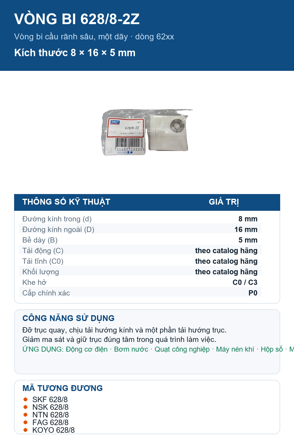 Vòng bi SKF 628/8-2Z 8x16x5mm — Ảnh thông số (Pinterest)