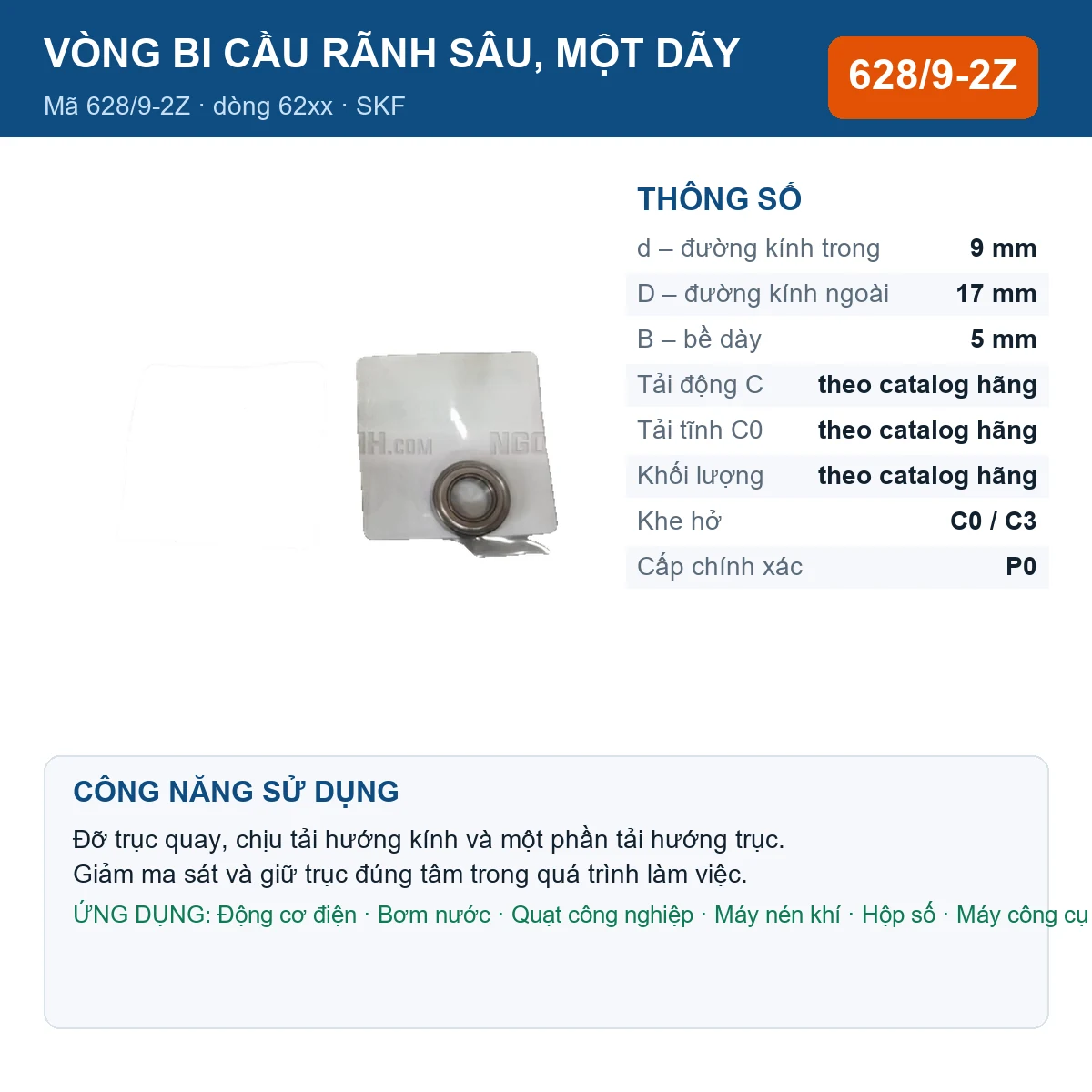 Vòng bi SKF 628/9-2Z — kích thước 9x17x5mm