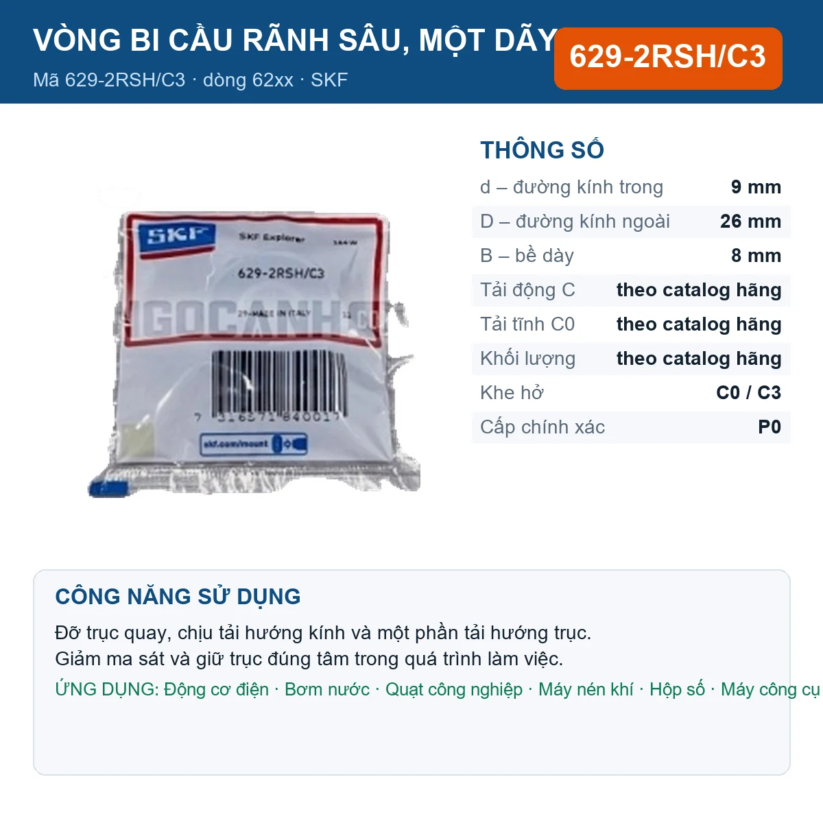 Vòng bi SKF 629-2RSH/C3 — kích thước 9x26x8mm