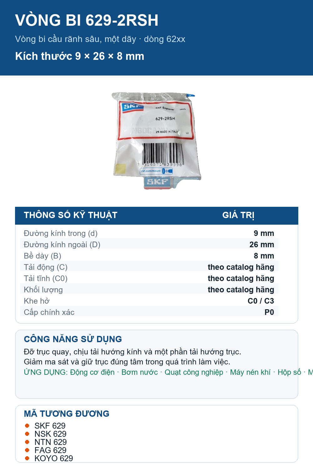 Vòng bi SKF 629-2RSH 9x26x8mm — Ảnh thông số (Pinterest)