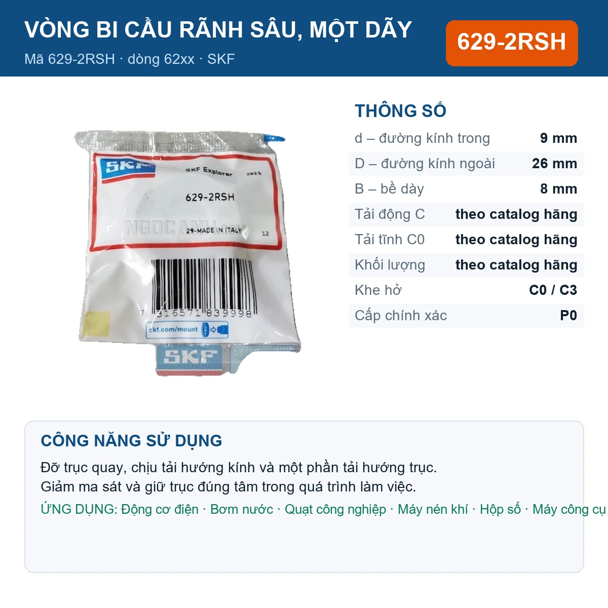 Vòng bi SKF 629-2RSH — kích thước 9x26x8mm