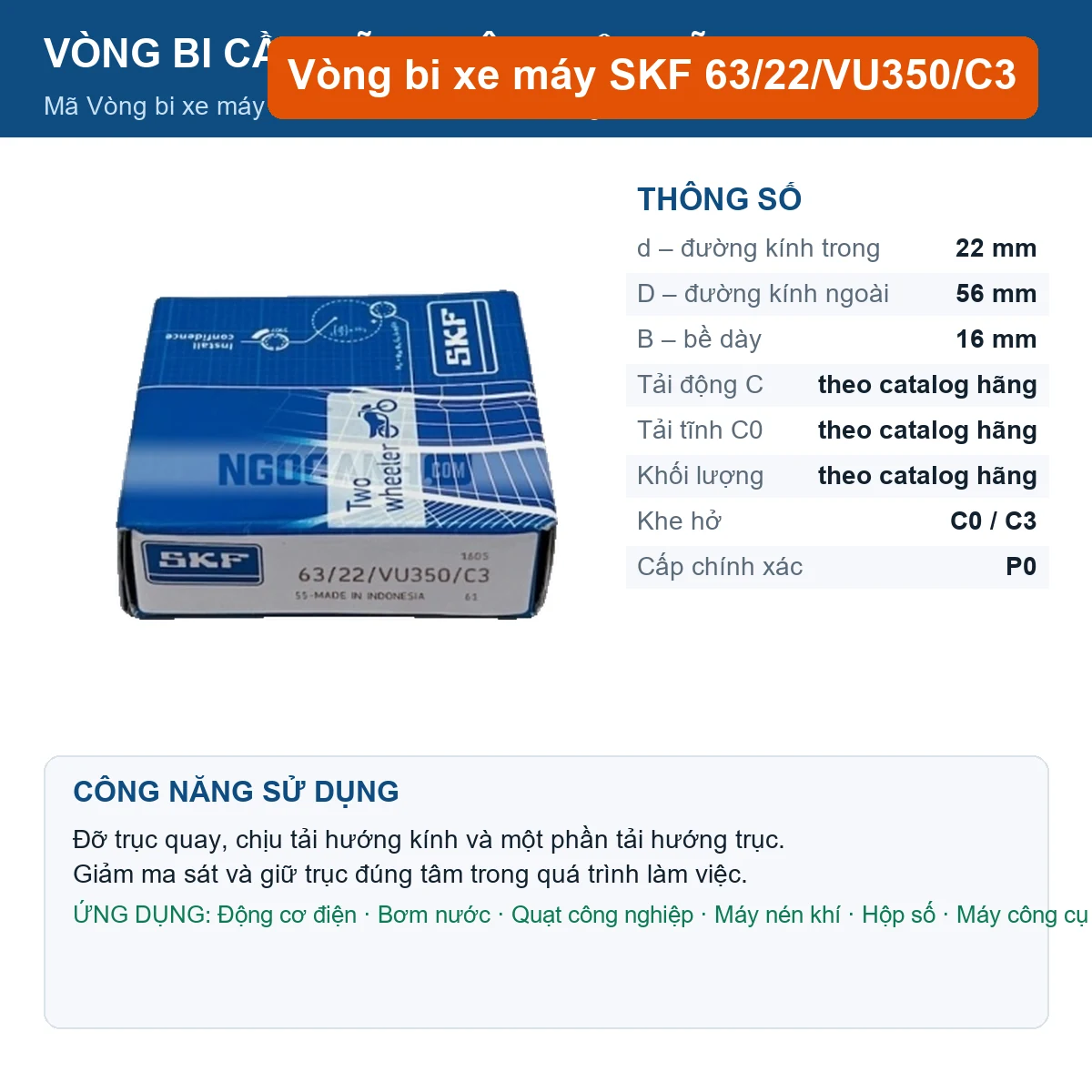 Vòng bi SKF 63/22/VU350/C3 — kích thước 22x56x16mm