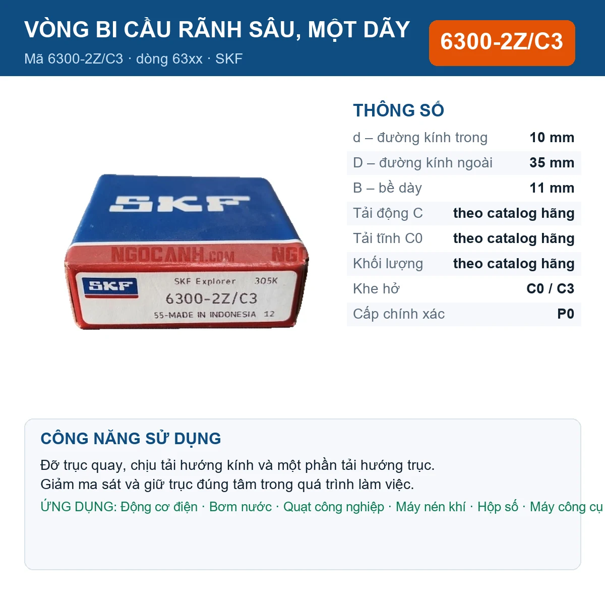 Vòng bi SKF 6300-2Z/C3 — kích thước 10x35x11mm