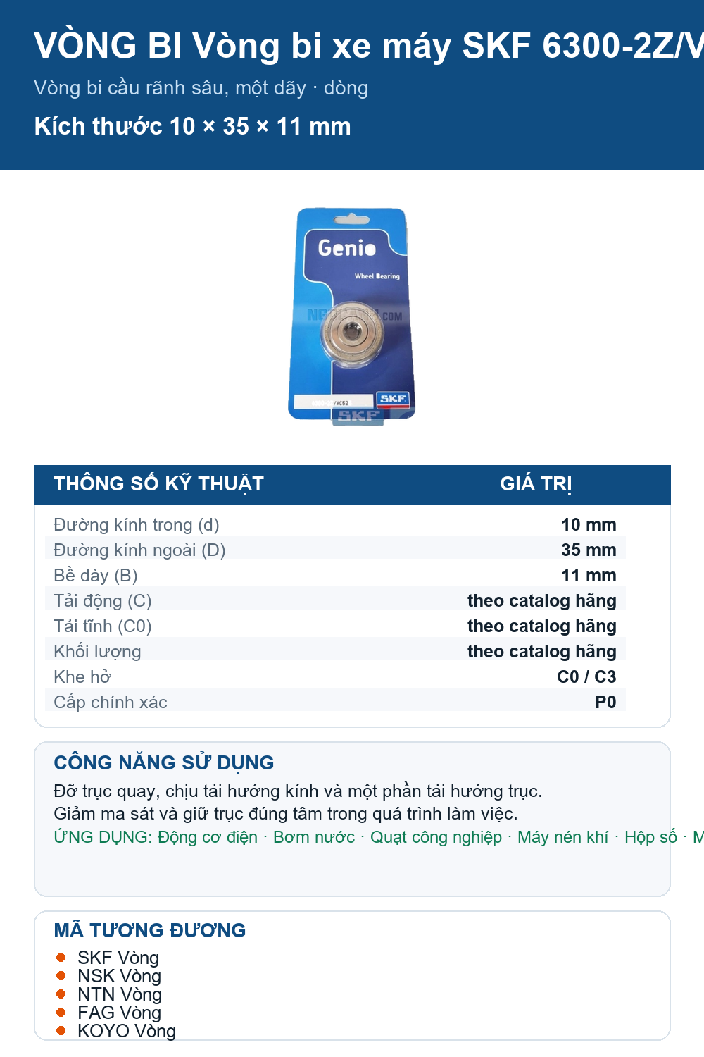 Vòng bi SKF 6300-2Z/VC525 10x35x11mm — Ảnh thông số (Pinterest)