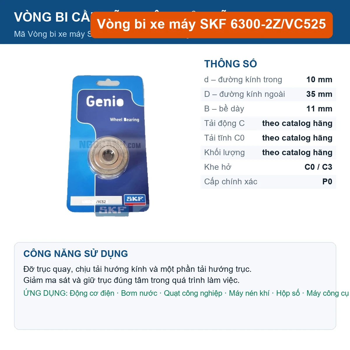 Vòng bi SKF 6300-2Z/VC525 10x35x11mm — Ảnh đăng sản phẩm (web)