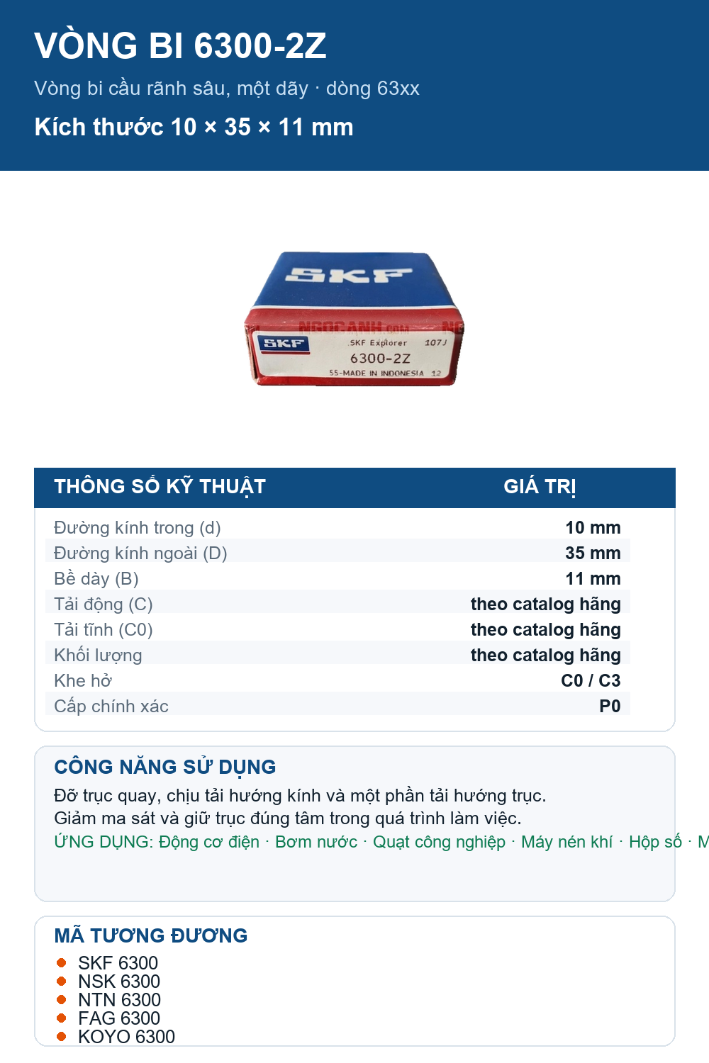 Vòng bi SKF 6300-2Z 10x35x11mm — Ảnh thông số (Pinterest)