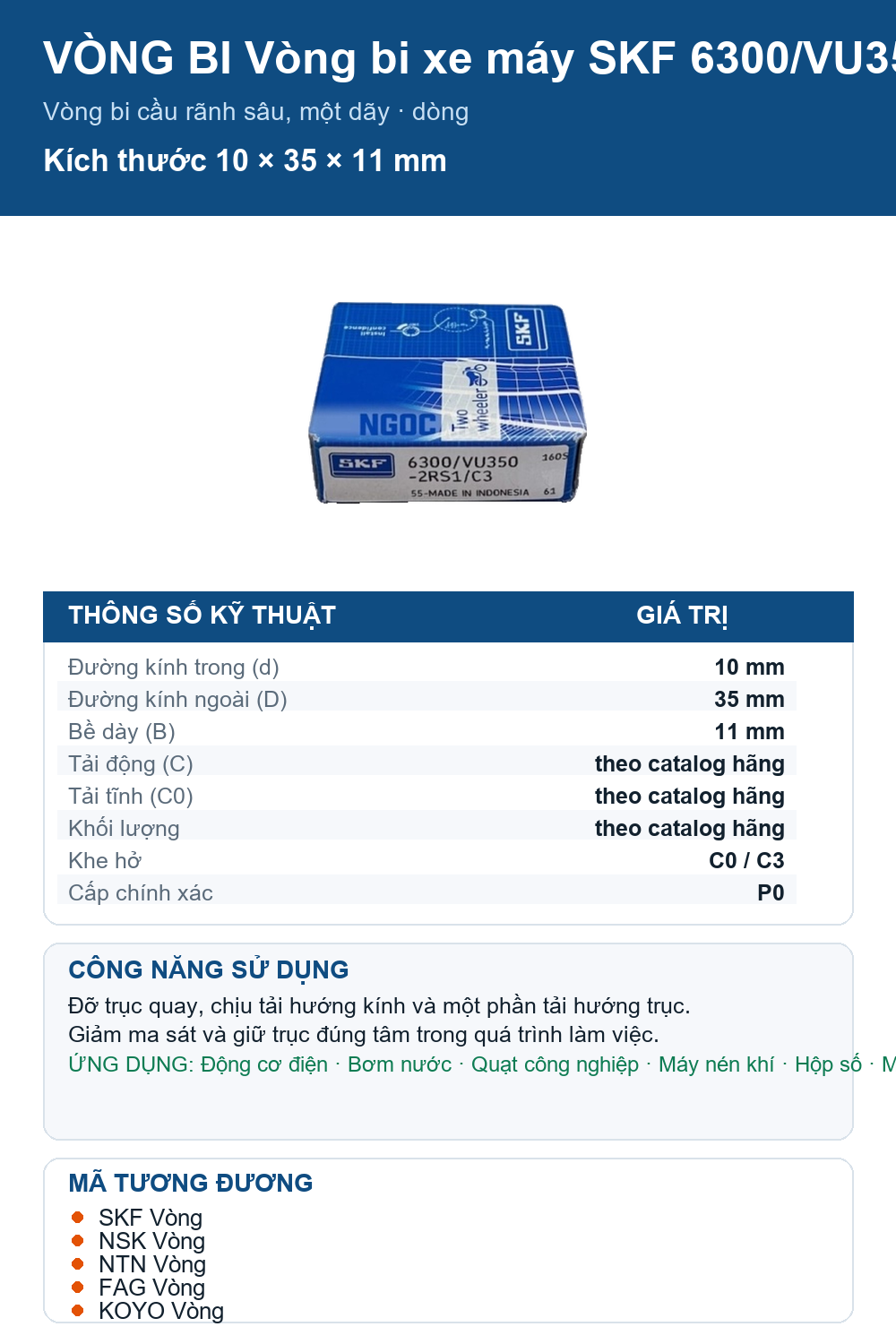 Vòng bi SKF 6300/VU350-2RS1/C3 10x35x11mm — Ảnh thông số (Pinterest)