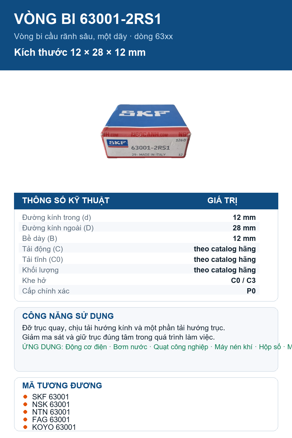 Vòng bi SKF 63001-2RS1 12x28x12mm — Ảnh thông số (Pinterest)