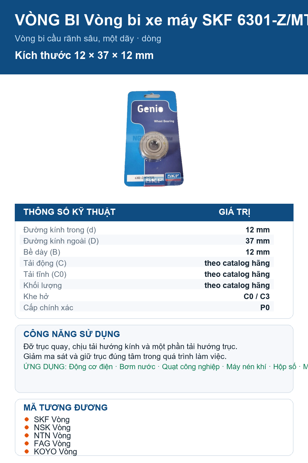 Vòng bi SKF 6301-Z/MTVC525 12x37x12mm — Ảnh thông số (Pinterest)