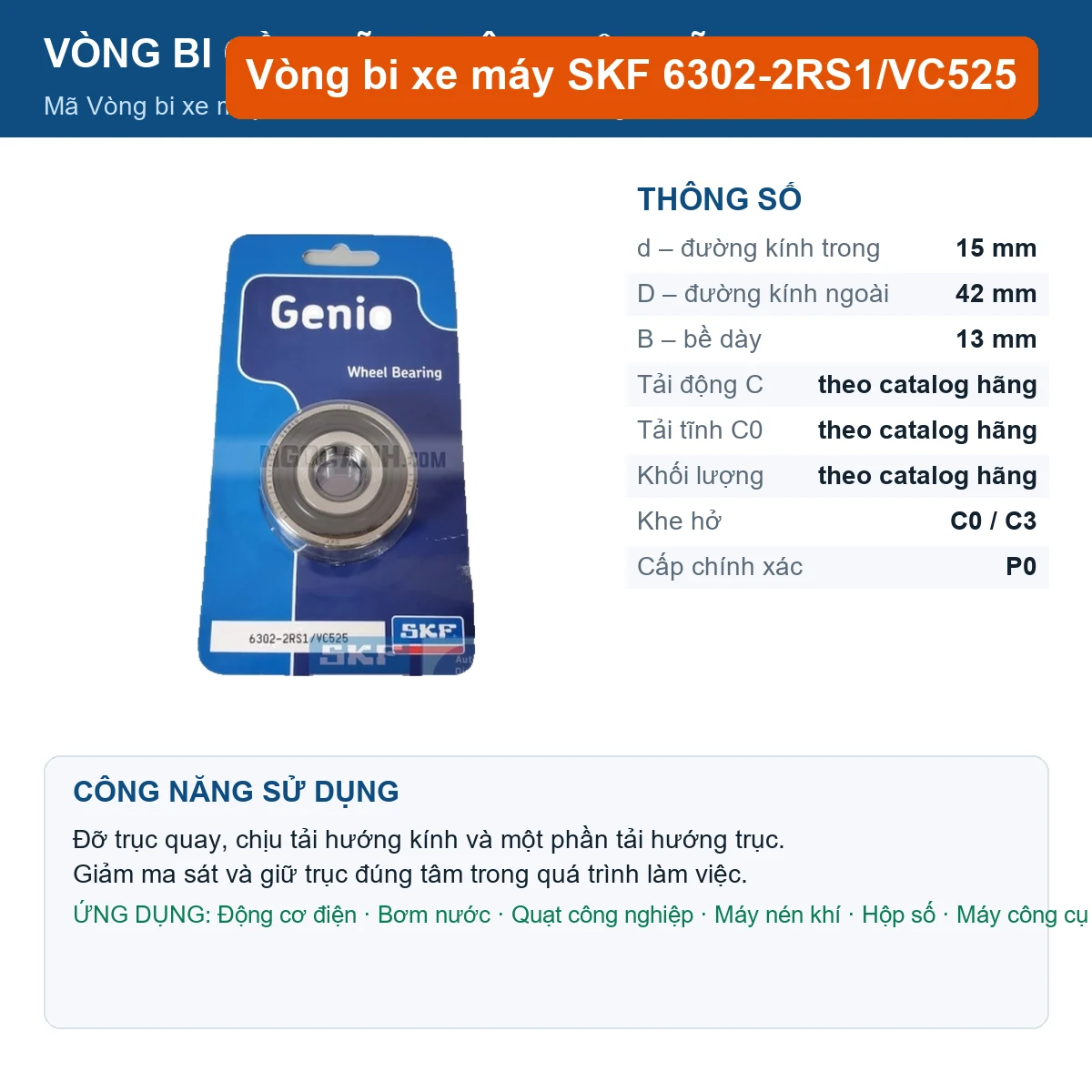 Vòng bi SKF 6302-2RS1/VC525 15x42x13mm — Ảnh đăng sản phẩm (web)