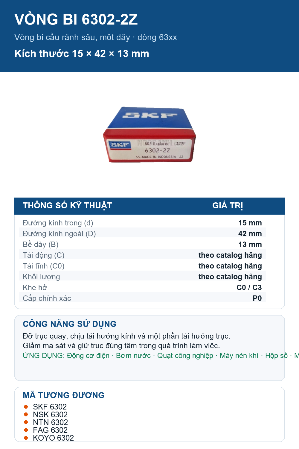 Vòng bi SKF 6302-2Z 15x42x13mm — Ảnh thông số (Pinterest)