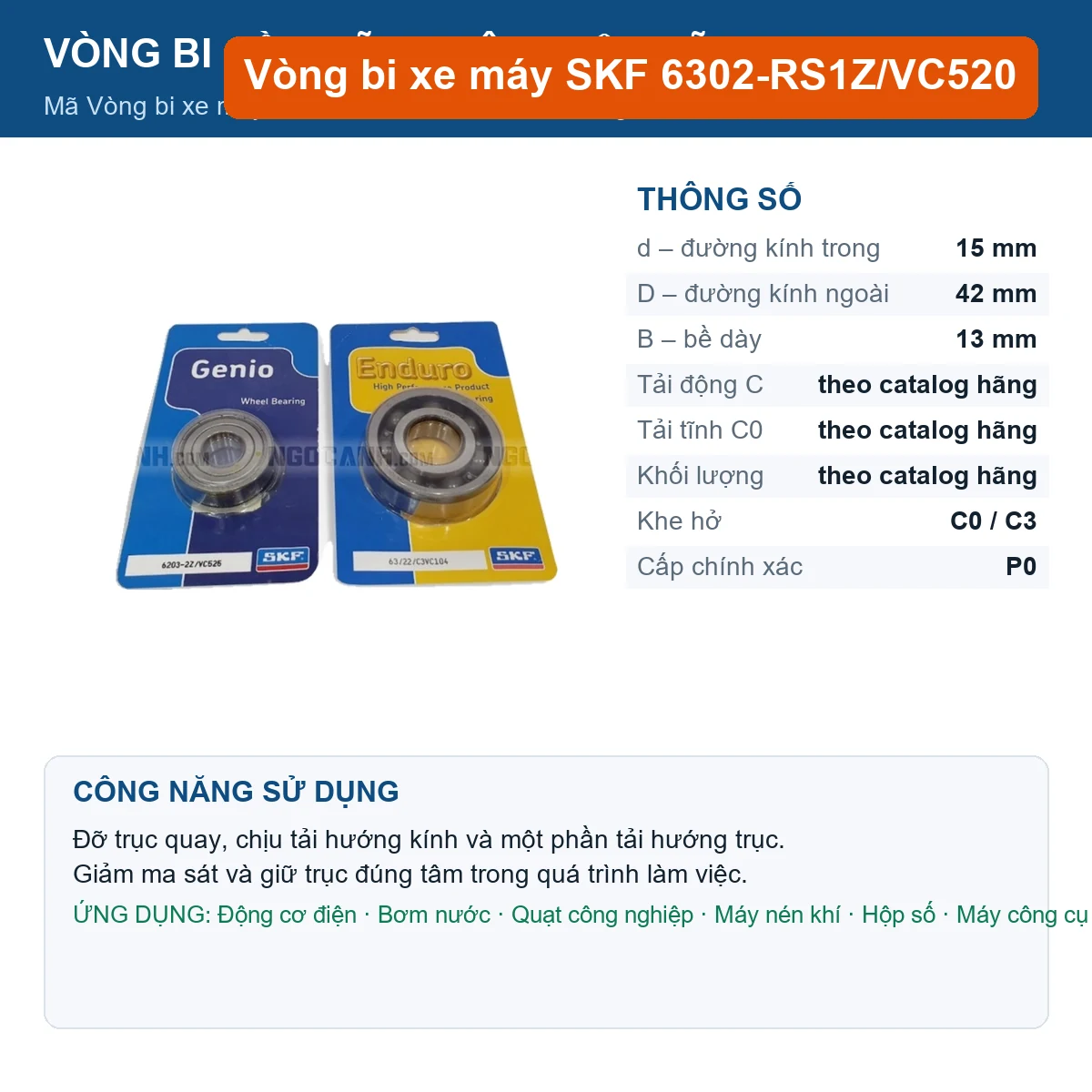 Vòng bi SKF 6302-RS1Z/VC520 15x42x13mm — Ảnh đăng sản phẩm (web)