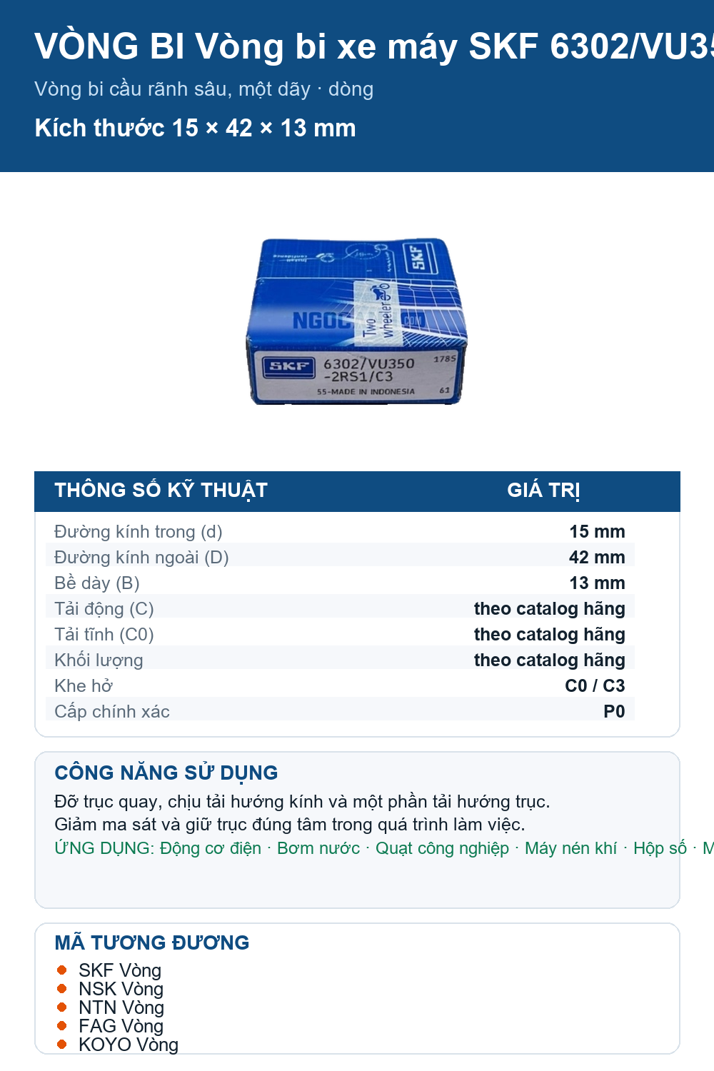 Vòng bi SKF 6302/VU350-2RS1/C3 15x42x13mm — Ảnh thông số (Pinterest)