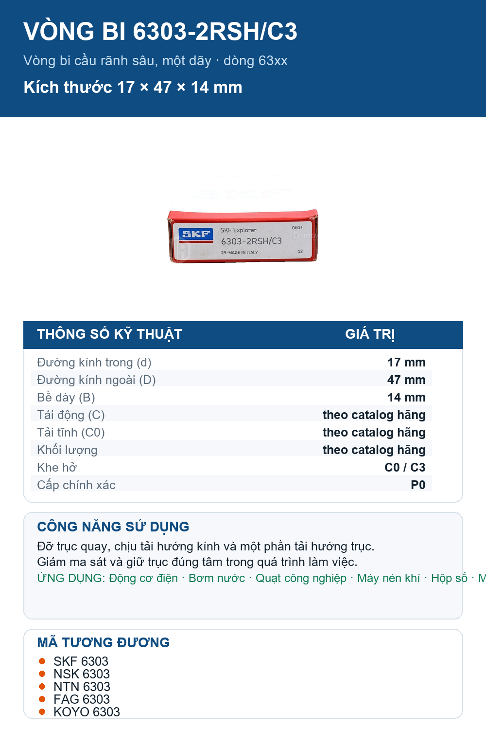 Vòng bi SKF 6303-2RSH/C3 17x47x14mm — Ảnh thông số (Pinterest)