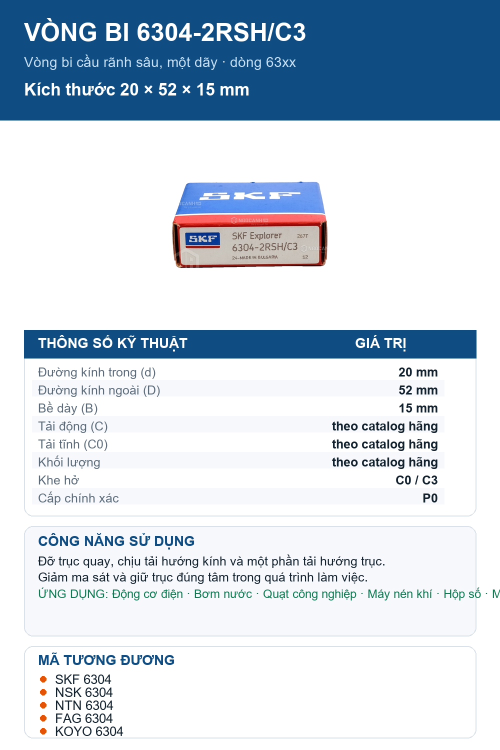 Vòng bi SKF 6304-2RSH/C3 20x52x15mm — Ảnh thông số (Pinterest)