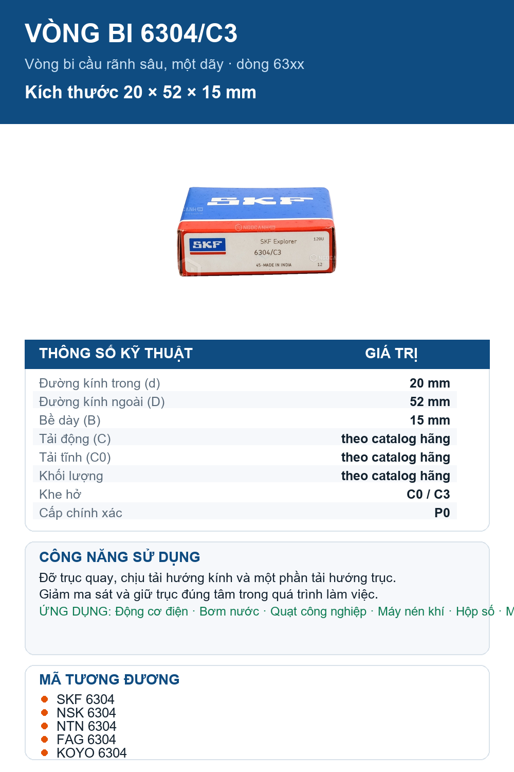 Vòng bi SKF 6304/C3 20x52x15mm — Ảnh thông số (Pinterest)