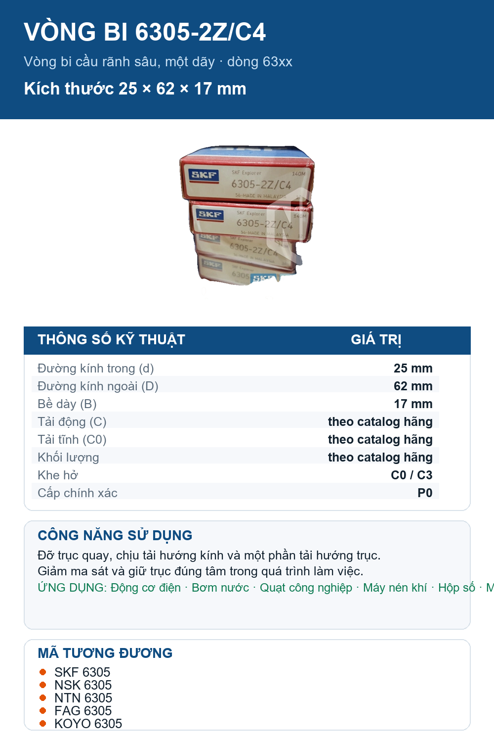 Vòng bi SKF 6305-2Z/C4 25x62x17mm — Ảnh thông số (Pinterest)