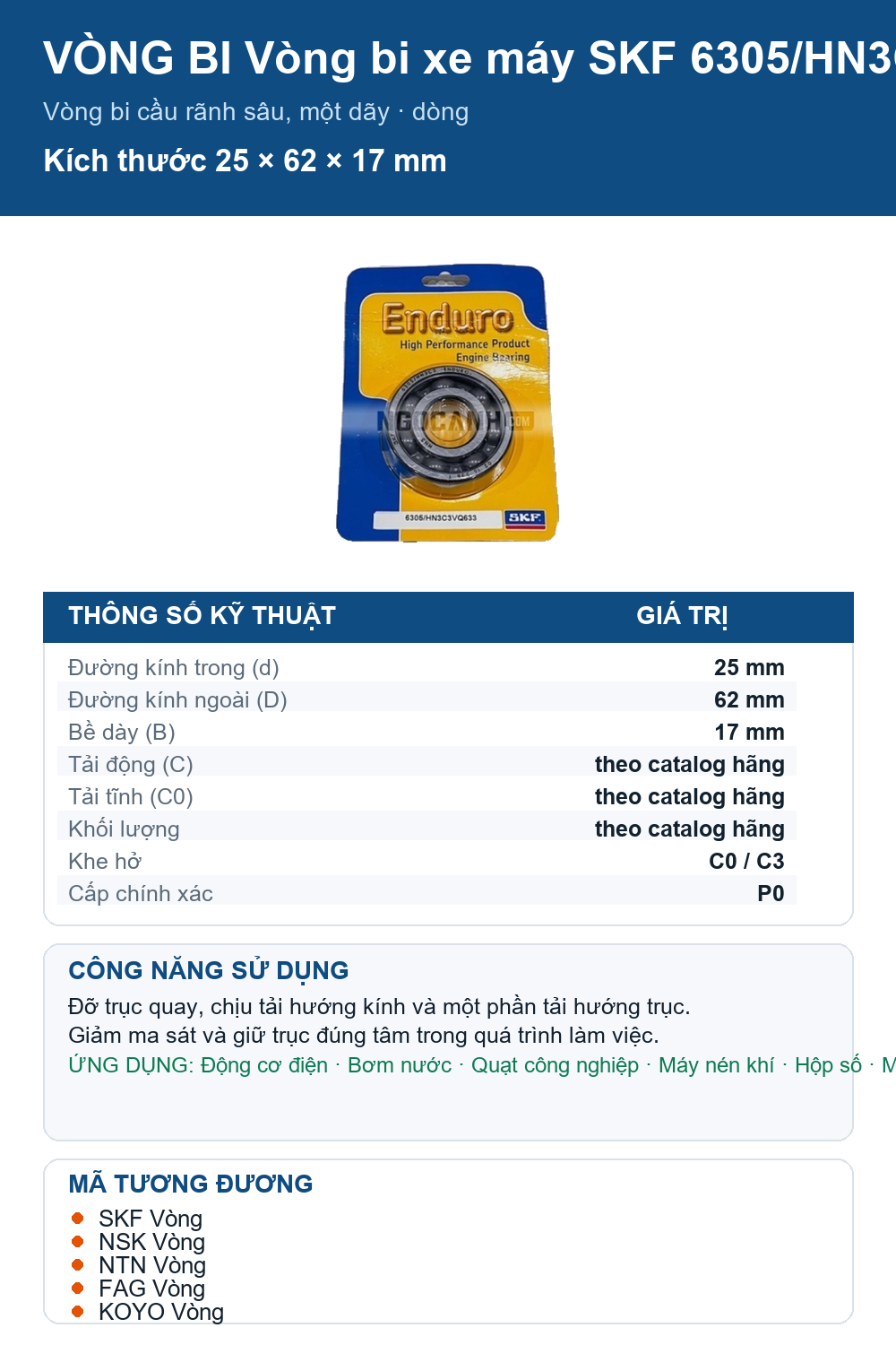 Vòng bi SKF 6305/HN3C3VQ633 25x62x17mm — Ảnh thông số (Pinterest)