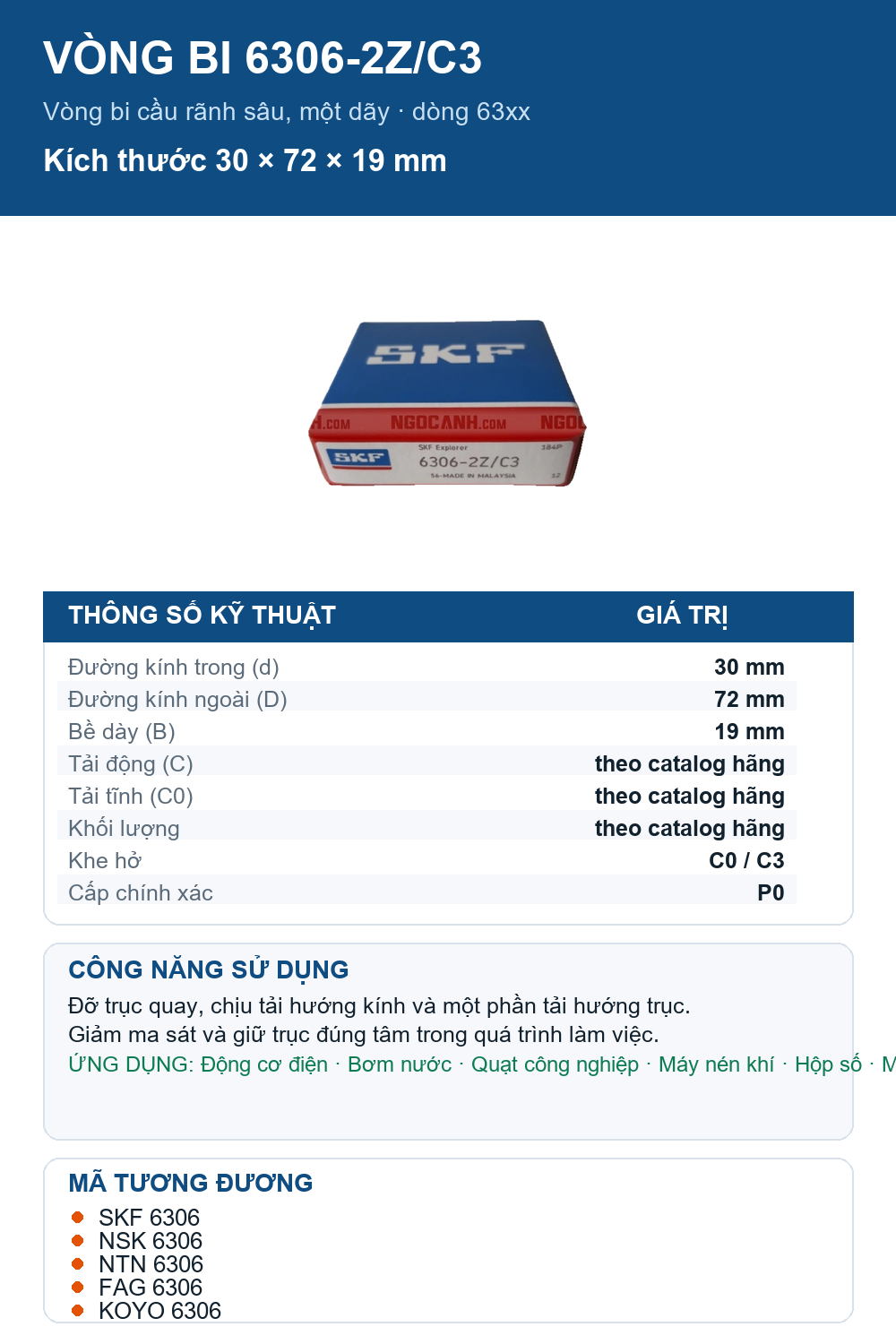 Vòng bi SKF 6306-2Z/C3 30x72x19mm — Ảnh thông số (Pinterest)