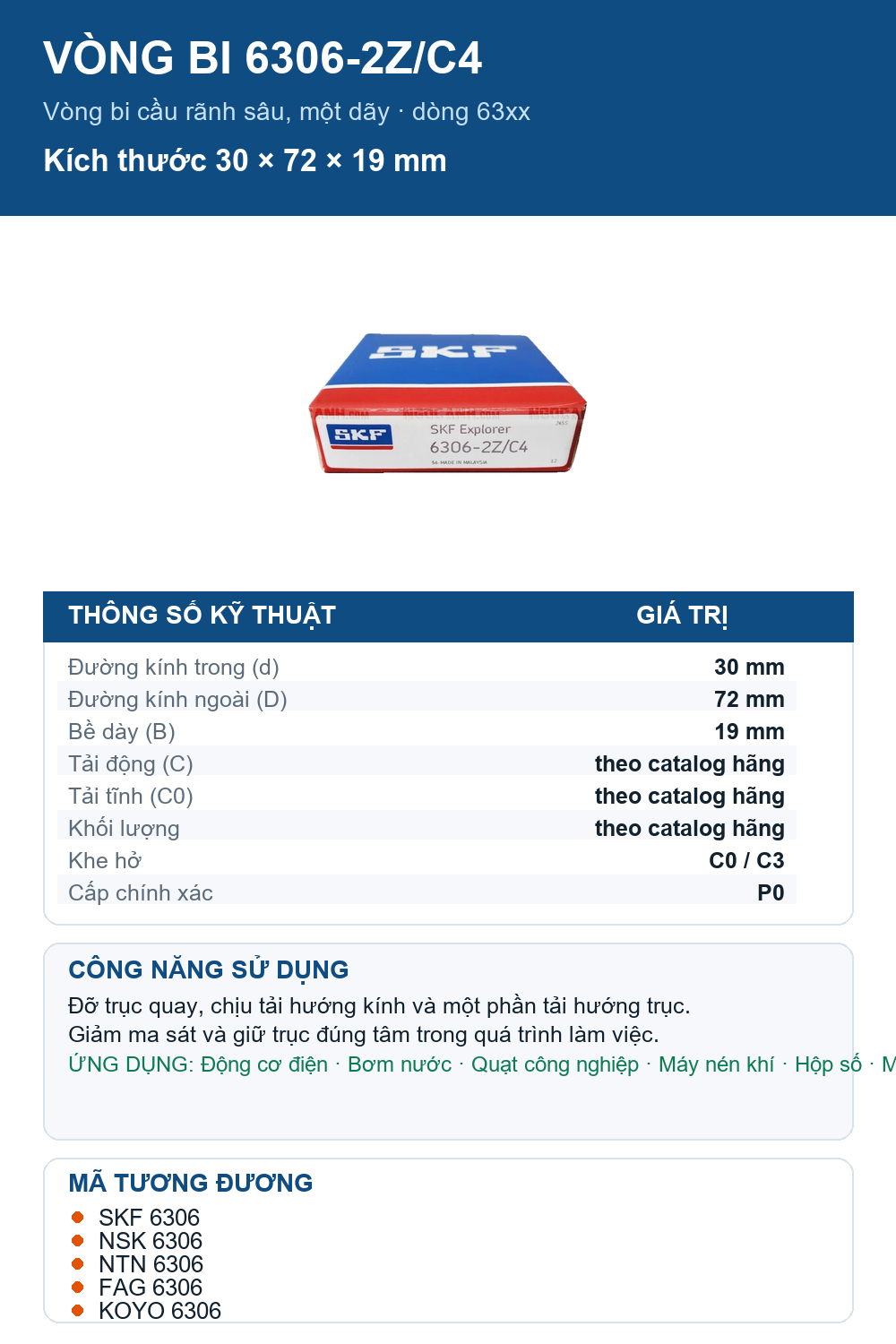 Vòng bi SKF 6306-2Z/C4 30x72x19mm — Ảnh thông số (Pinterest)