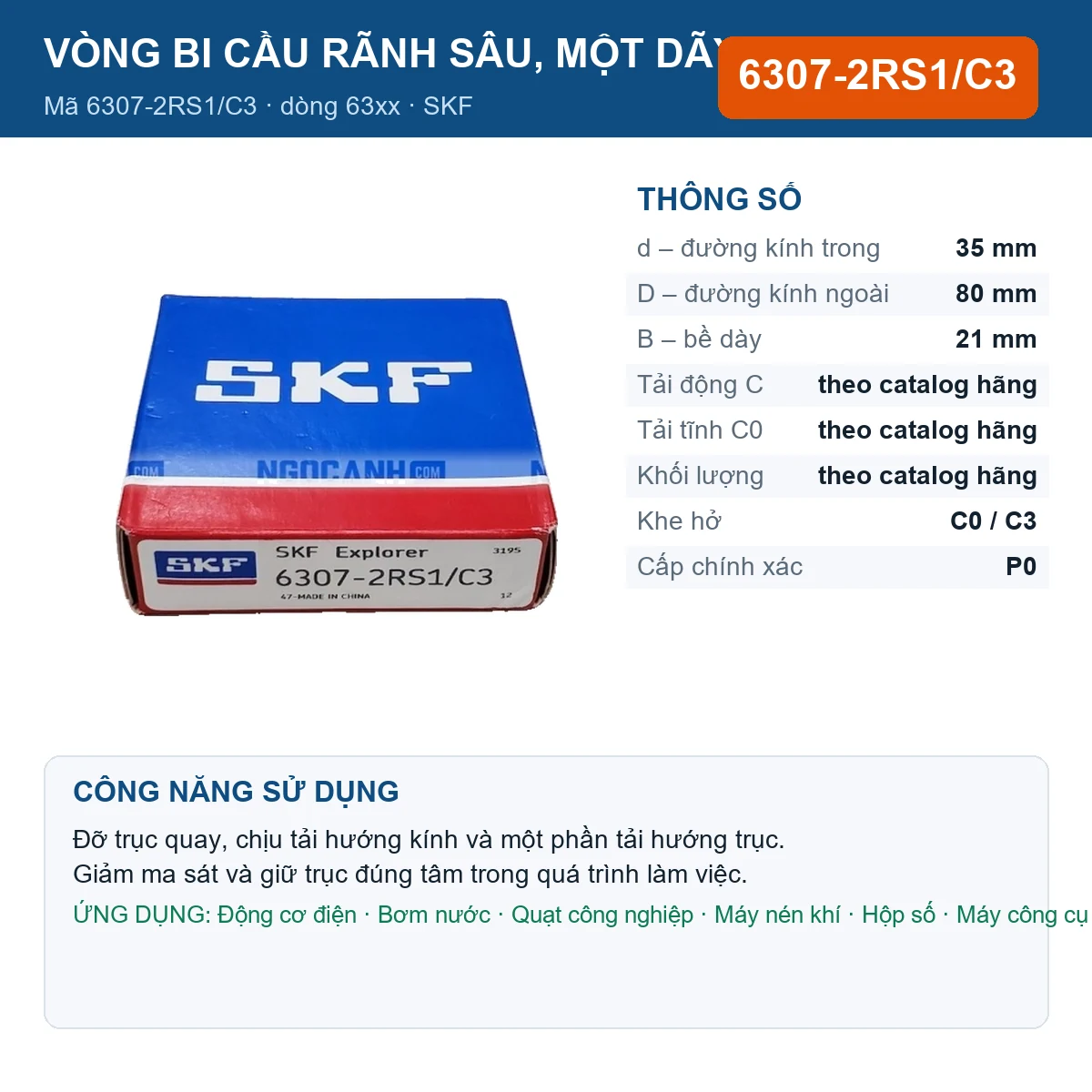 Vòng bi SKF 6307-2RS1/C3 — kích thước 35x80x21mm