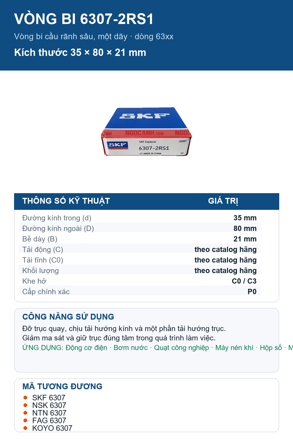 Vòng bi SKF 6307-2RS1 35x80x21mm — Ảnh thông số (Pinterest)