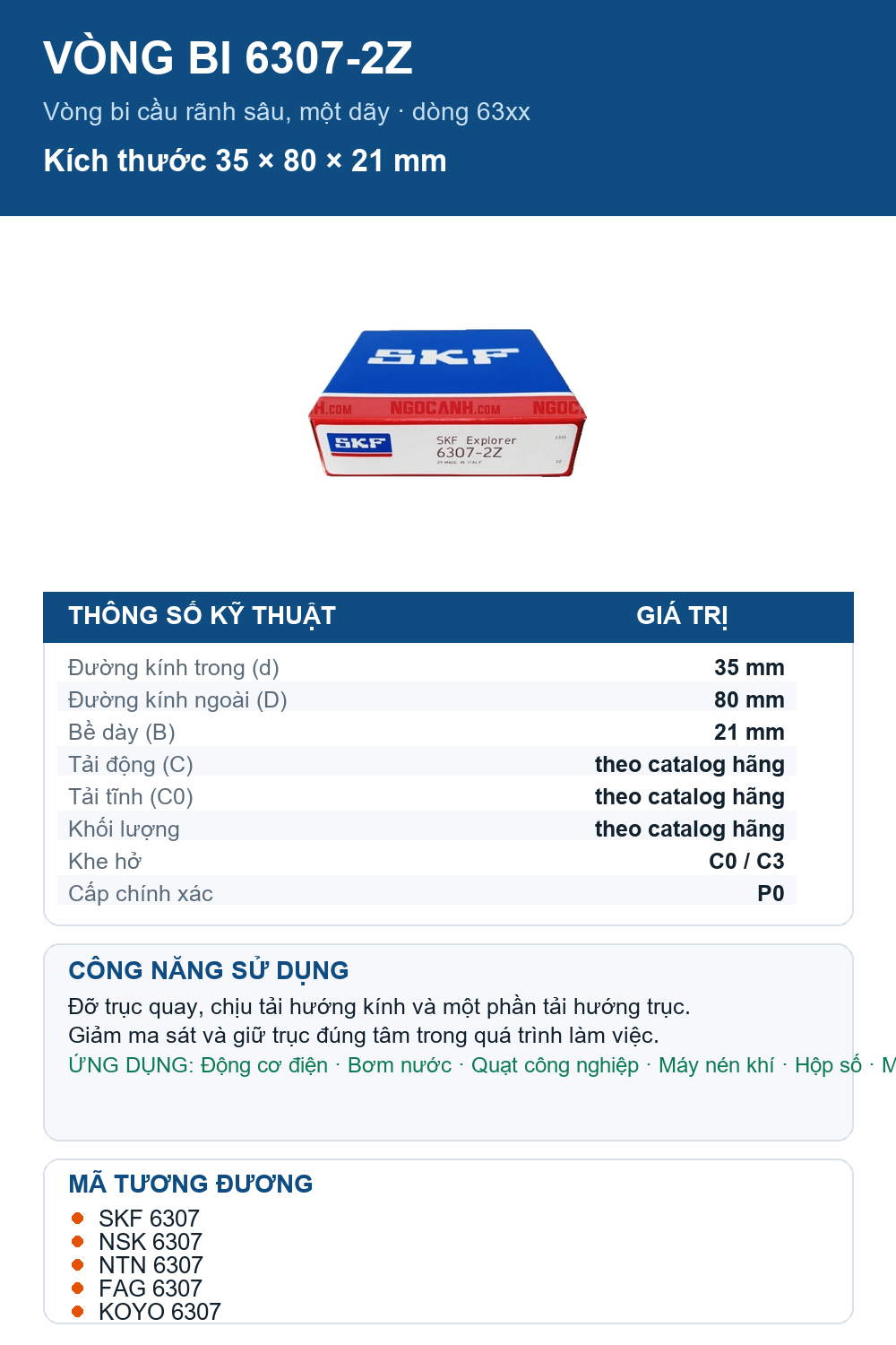 Vòng bi SKF 6307-2Z 35x80x21mm — Ảnh thông số (Pinterest)
