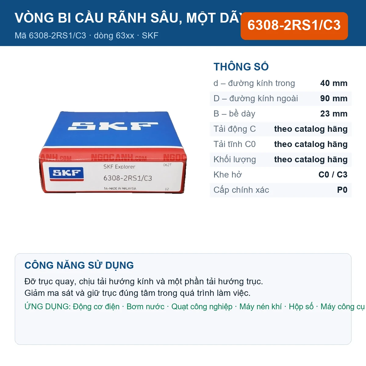 Vòng bi SKF 6308-2RS1/C3 — kích thước 40x90x23mm