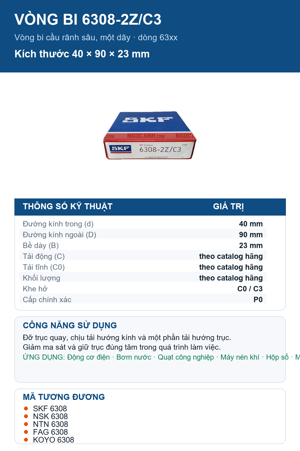 Vòng bi SKF 6308-2Z/C3 40x90x23mm — Ảnh thông số (Pinterest)