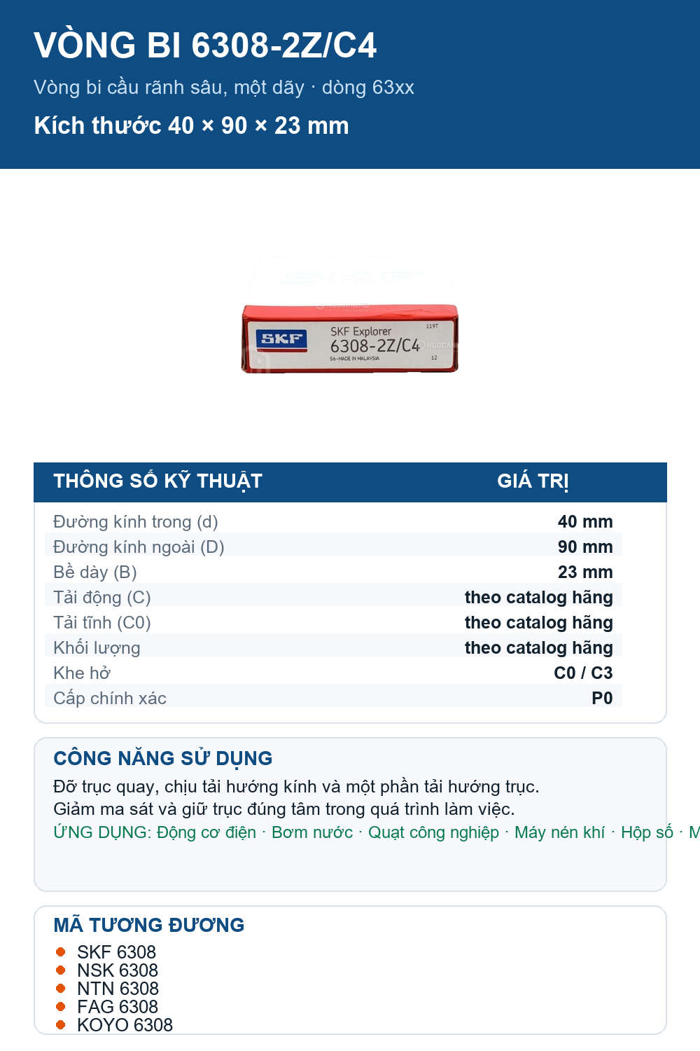 Vòng bi SKF 6308-2Z/C4 40x90x23mm — Ảnh thông số (Pinterest)