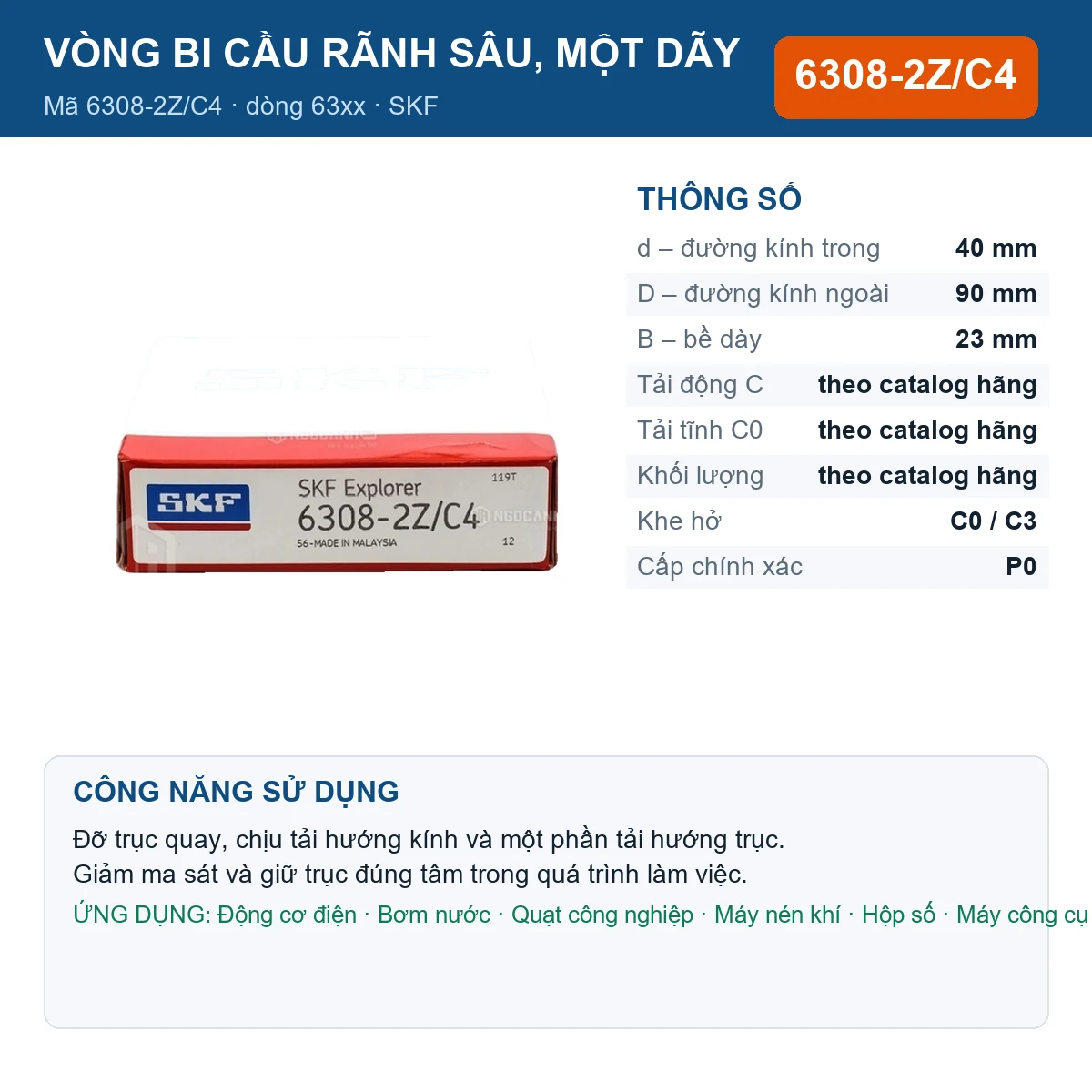 Vòng bi SKF 6308-2Z/C4 — kích thước 40x90x23mm