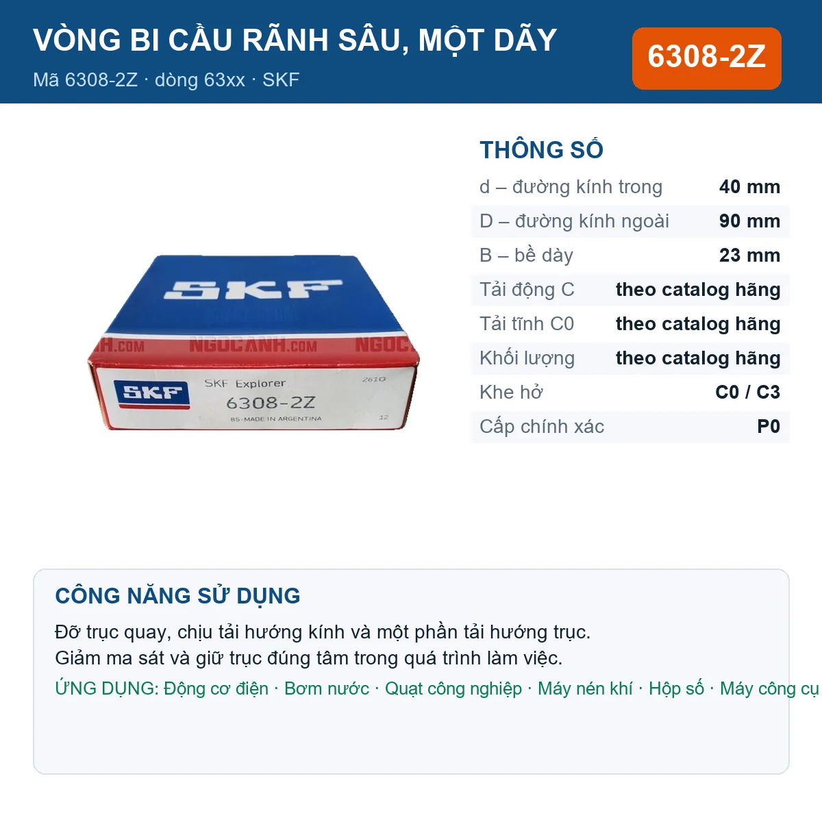 Vòng bi SKF 6308-2Z — kích thước 40x90x23mm